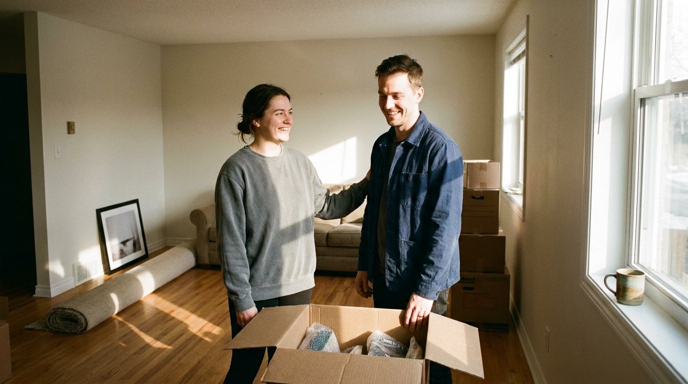 A couple in their thirties stands smiling in their new home surrounded by moving boxes and just-placed furniture in soft morning light.