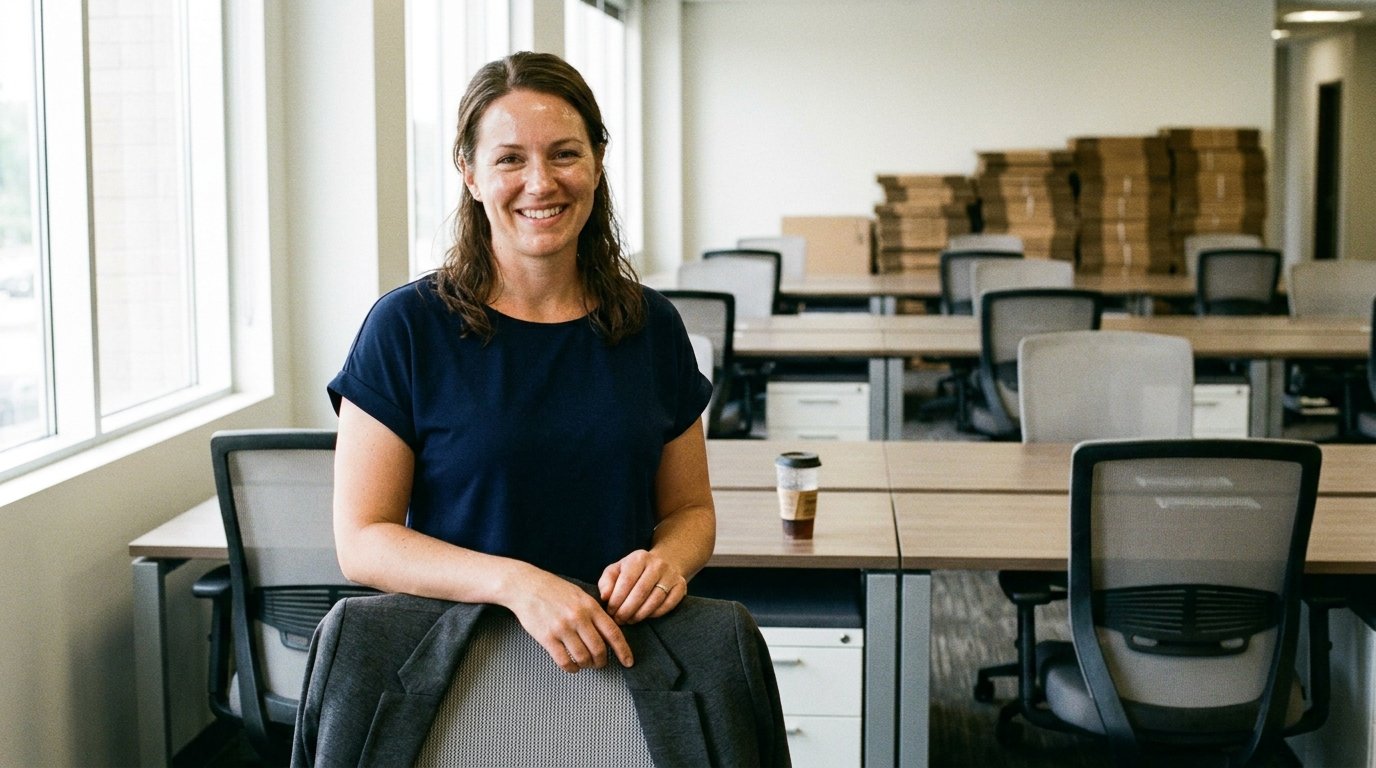 A woman in her mid-30s in business casual dress stands in a fully assembled open-plan Winnipeg office, hand resting on a chair back, smiling directly at the camera.