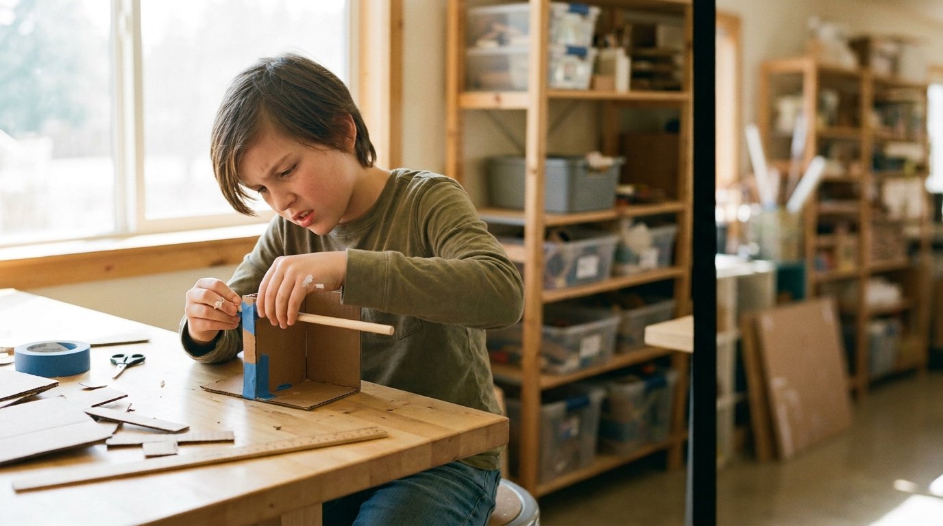 A child around age ten leans over a worktable in a bright open studio, hands gripping a small construction project made of wood and cardboard.