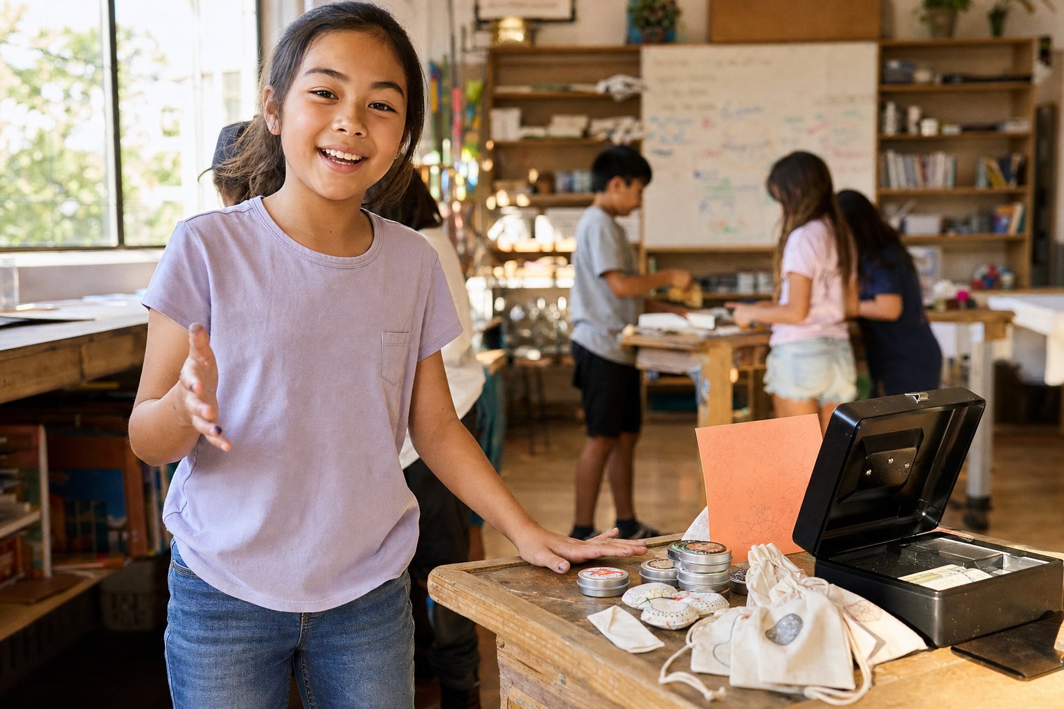 A child around age ten stands confidently behind a small market table with handmade products and a cash box, smiling and gesturing mid-conversation in a bright school studio.