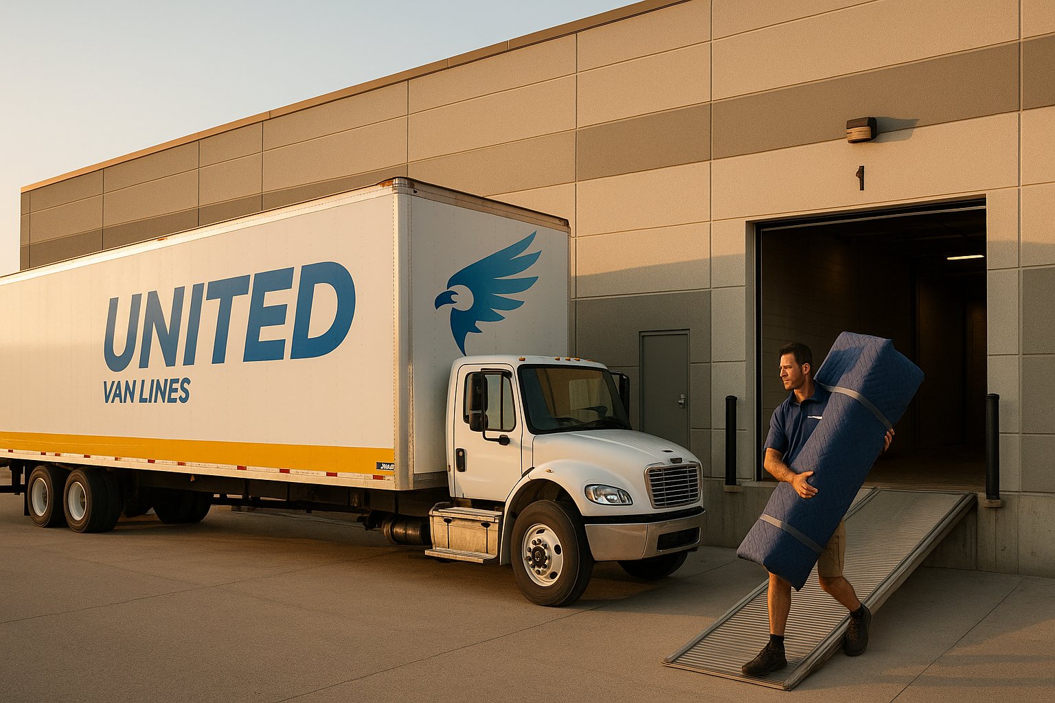 A uniformed mover steadies a padded armchair at the open tail of a large moving truck inside a Winnipeg warehouse loading dock.