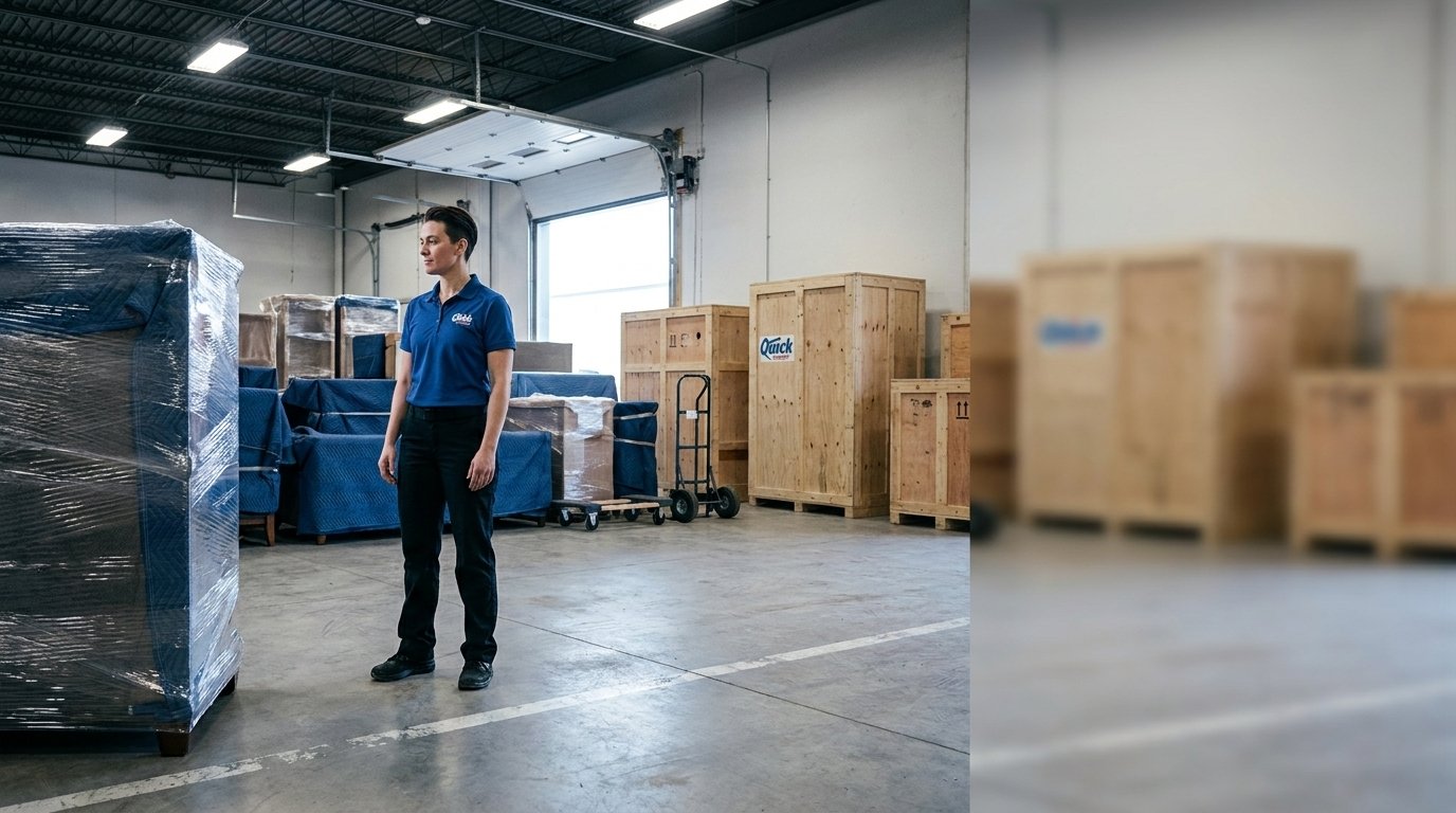 A move coordinator in a company vest stands in a warehouse bay, looking toward stacked wrapped freight on pallets, reading glasses pushed into greying hair.