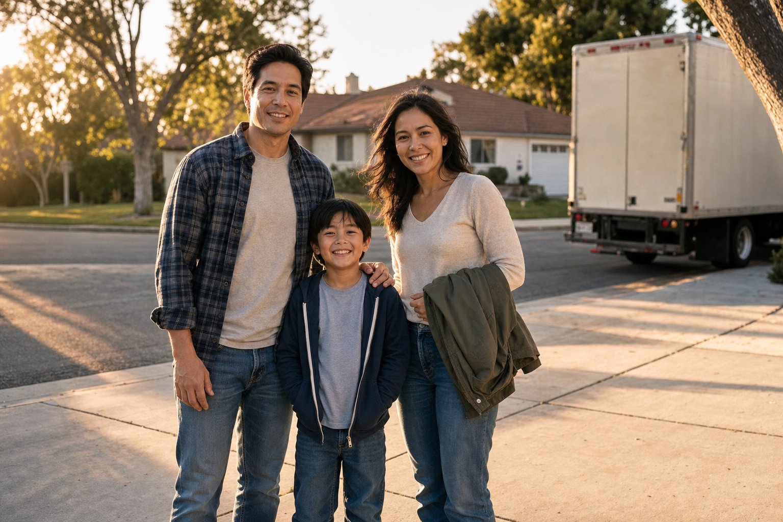 A family of two adults and a child stand on a sunny California residential driveway facing the camera, with a moving truck parked at the curb behind them.