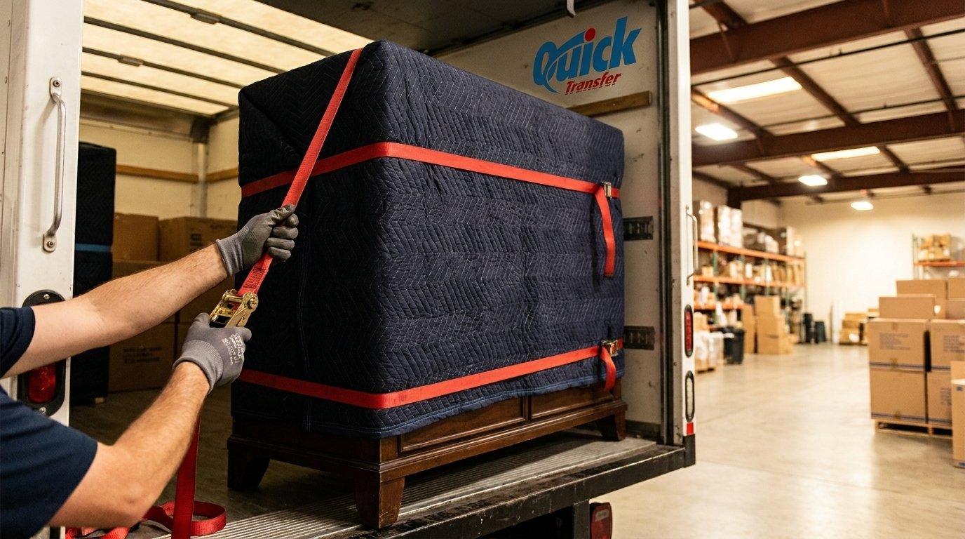 A moving crew member in work uniform guides a blanket-wrapped piece of furniture into the open rear of a large moving truck backed into a warehouse loading bay.