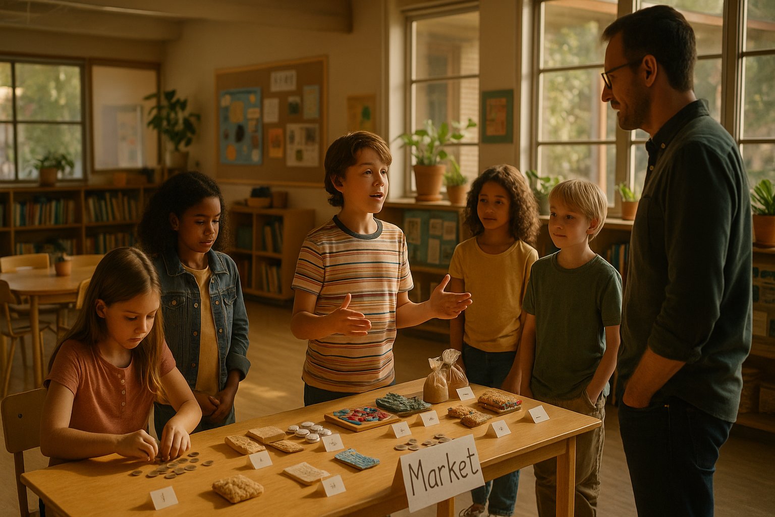 A young student stands behind a market table of handmade products, leaning forward mid-transaction at an outdoor school market event on a sunny morning.