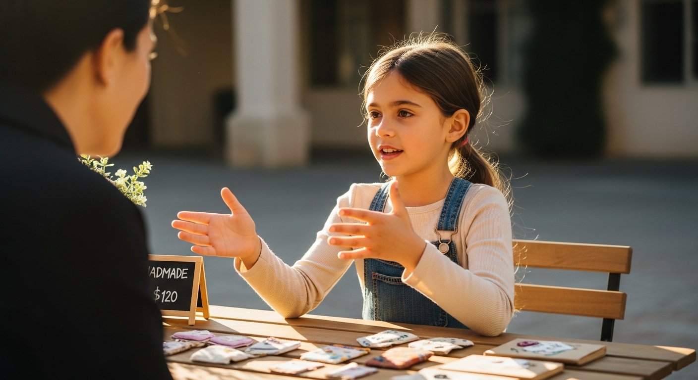 A young child stands behind an outdoor marketplace table, gesturing while explaining a handmade product to an adult visitor across from them.