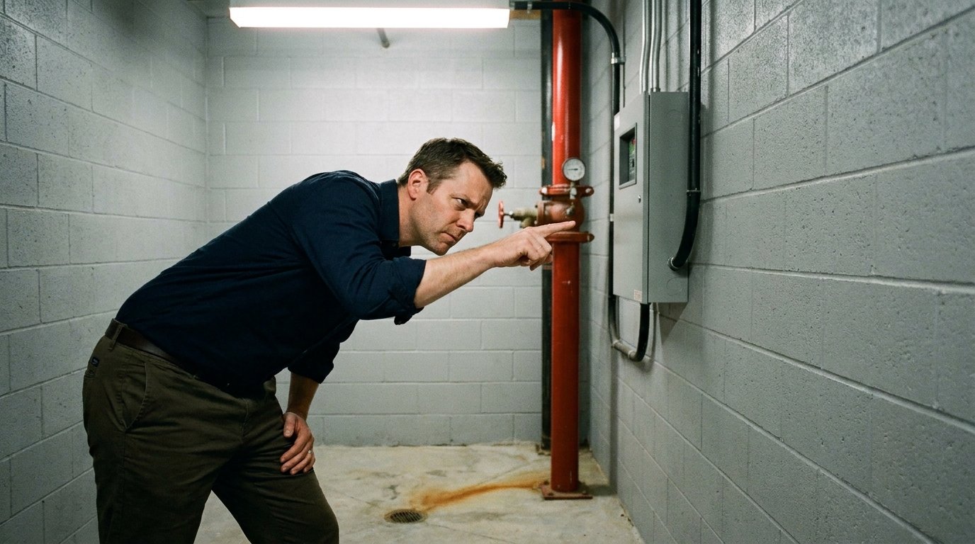 A fire protection technician in work clothes inspects a red sprinkler riser assembly with valves and gauges inside a commercial mechanical room.