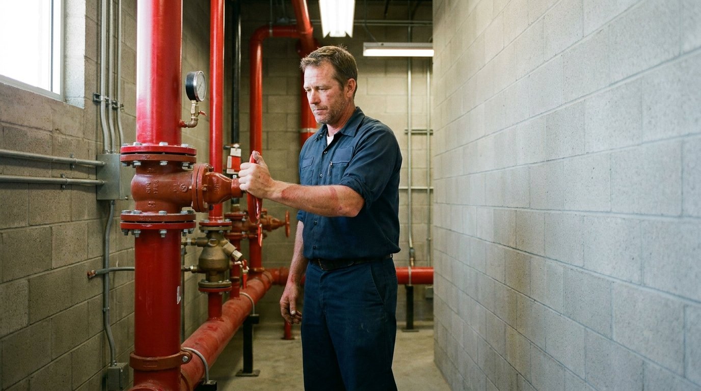 A fire protection technician in work uniform stands at a red steel sprinkler riser assembly inside a concrete mechanical room, one hand resting on the main valve.