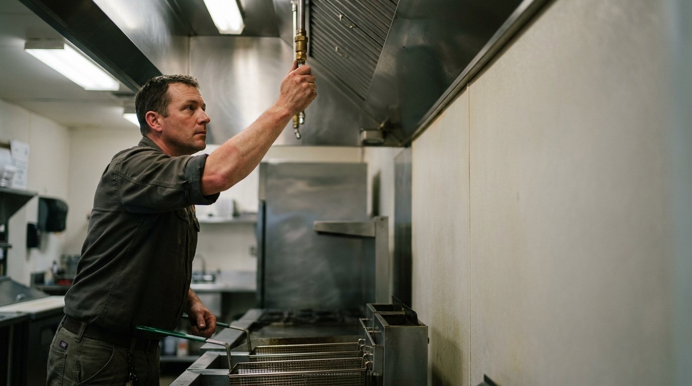 Fire protection technician in workwear stands beneath a commercial kitchen suppression system, one hand resting on the installed piping above a stainless cooking line.
