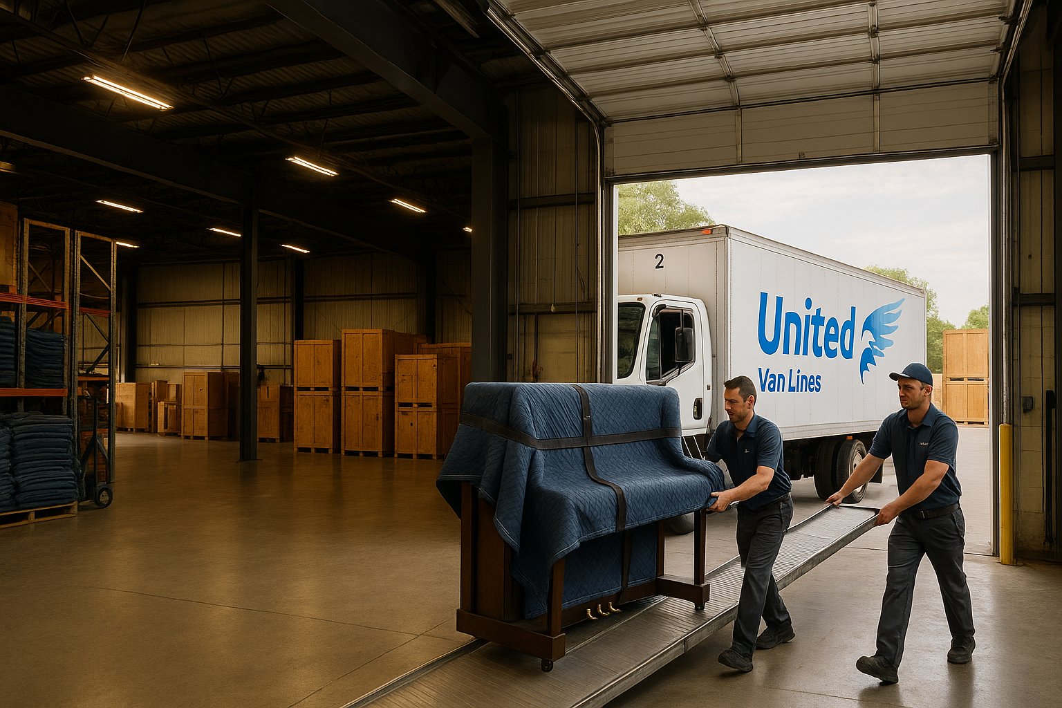 A uniformed moving crew member stands at a warehouse loading dock assessing cargo in the back of a large box van on an overcast morning.