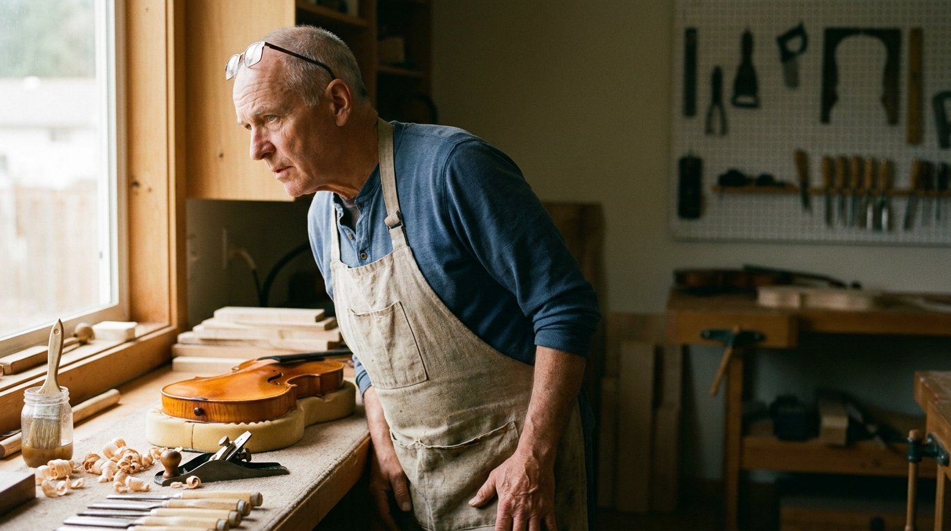 A grey-haired luthier in a shop apron listens intently in a wood-filled workshop, a handcrafted violin resting on a bench beside him.