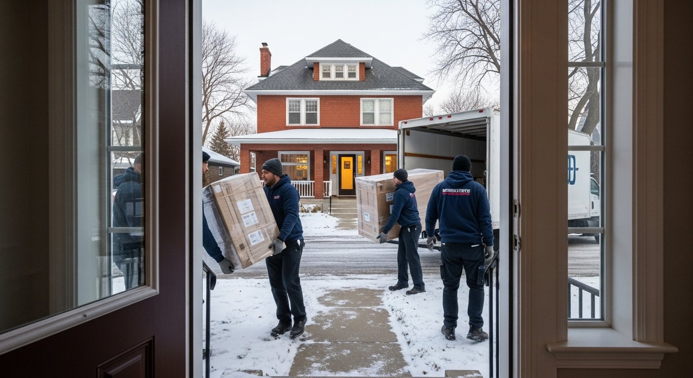 Two professional movers carefully guide a dark upright piano along a residential hallway in soft winter light, both gripping the instrument with deliberate focus.