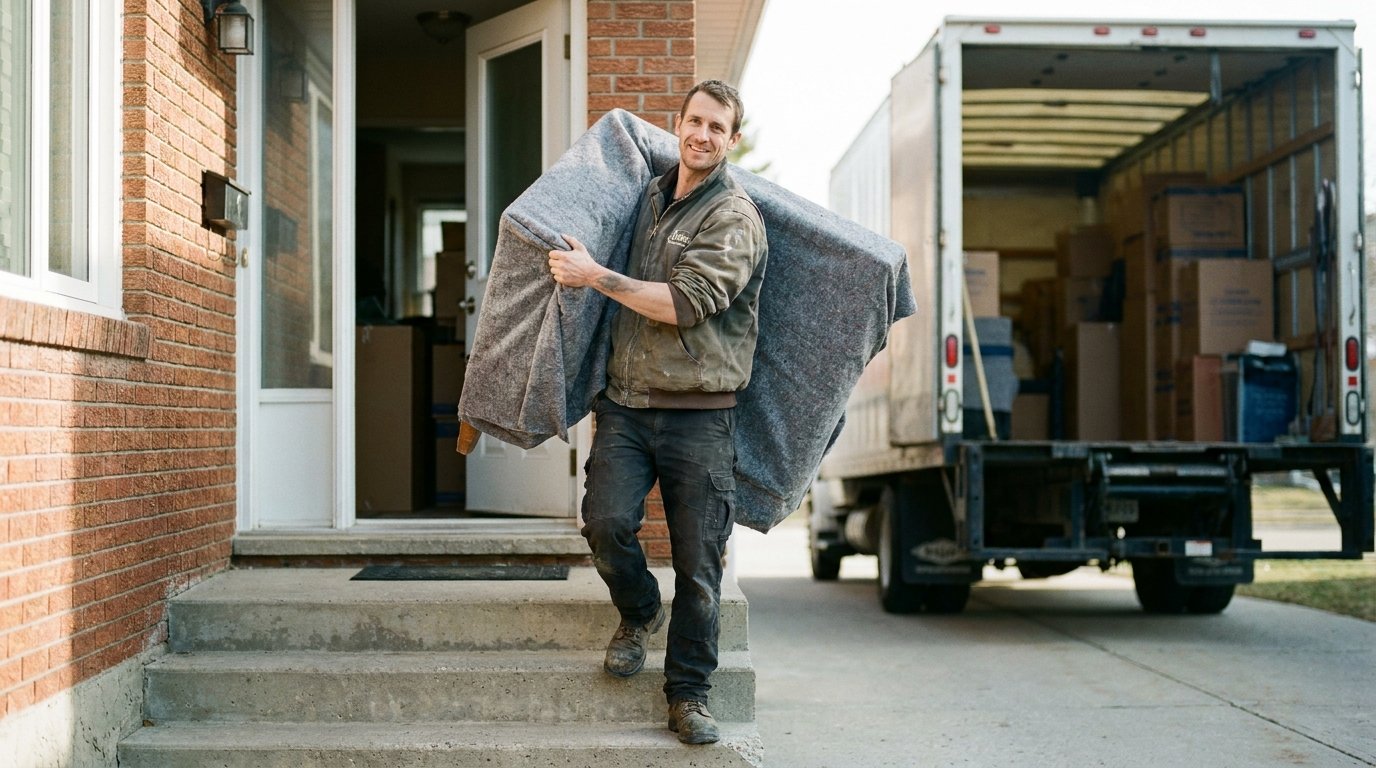 A uniformed moving crew member in his thirties carries wrapped furniture down residential front steps toward an open moving truck on a bright morning.