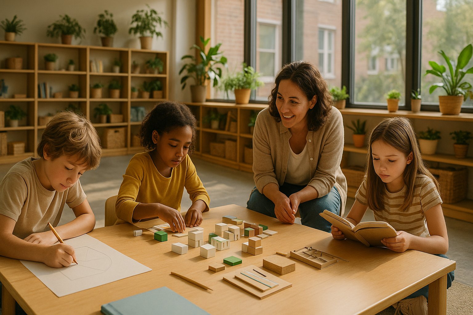 Teenage girl presents a hand-built project to classmates seated around a wood worktable in a small, light-filled studio classroom.