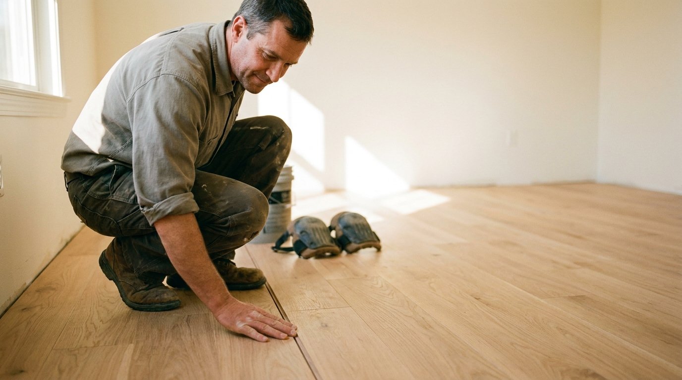 A flooring contractor crouches at the edge of a freshly installed hardwood floor in an empty room, pressing one hand against the boards to inspect the finished seam.