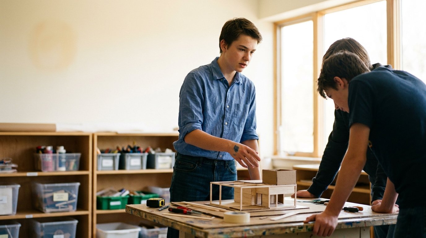A teenage student gestures toward a physical model on a worktable while peers lean in and examine it in a bright studio classroom.