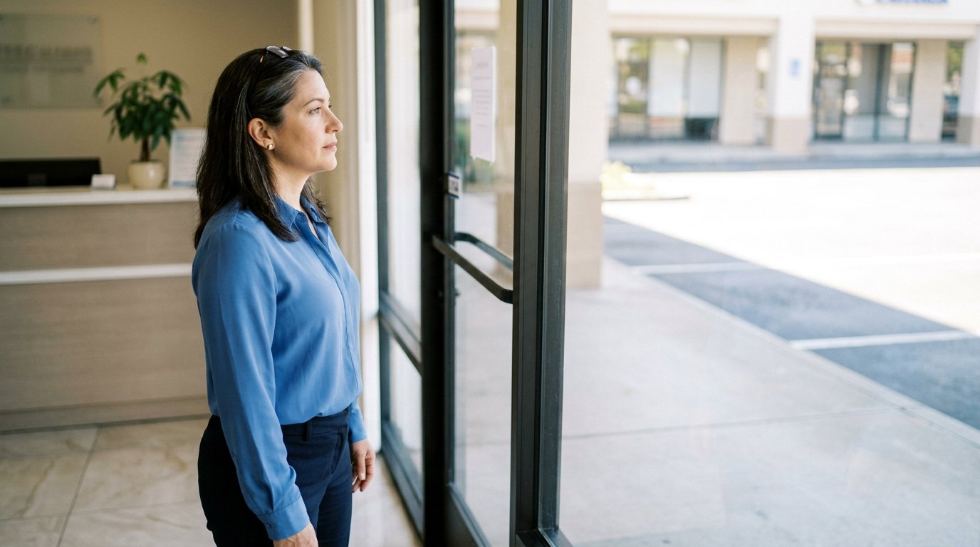 A woman in business-casual attire stands inside a quiet professional service business reception area, looking toward a closed glass front door with nobody outside.