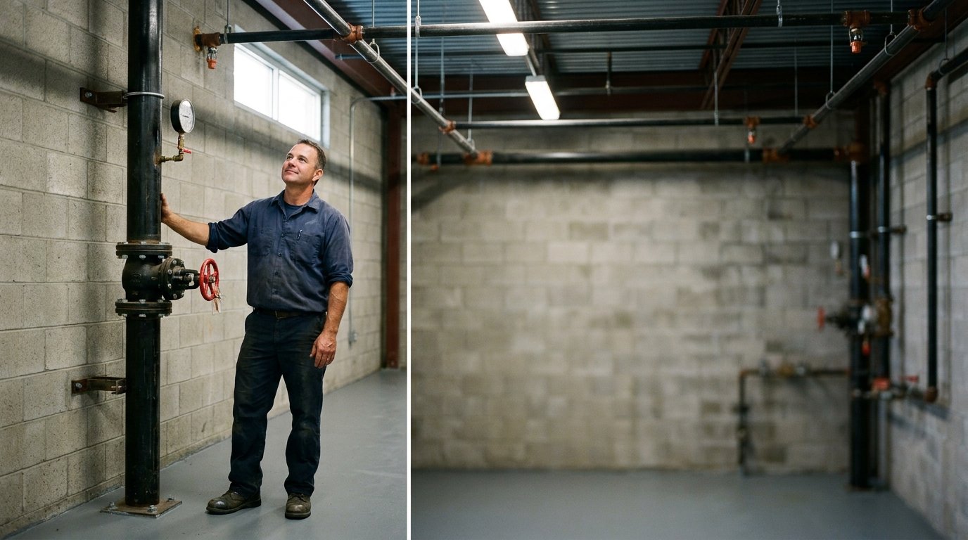 A fire protection technician in workwear stands at a bank of red sprinkler risers and control valves inside a concrete mechanical room, one hand resting on a gate valve after completing an inspection.