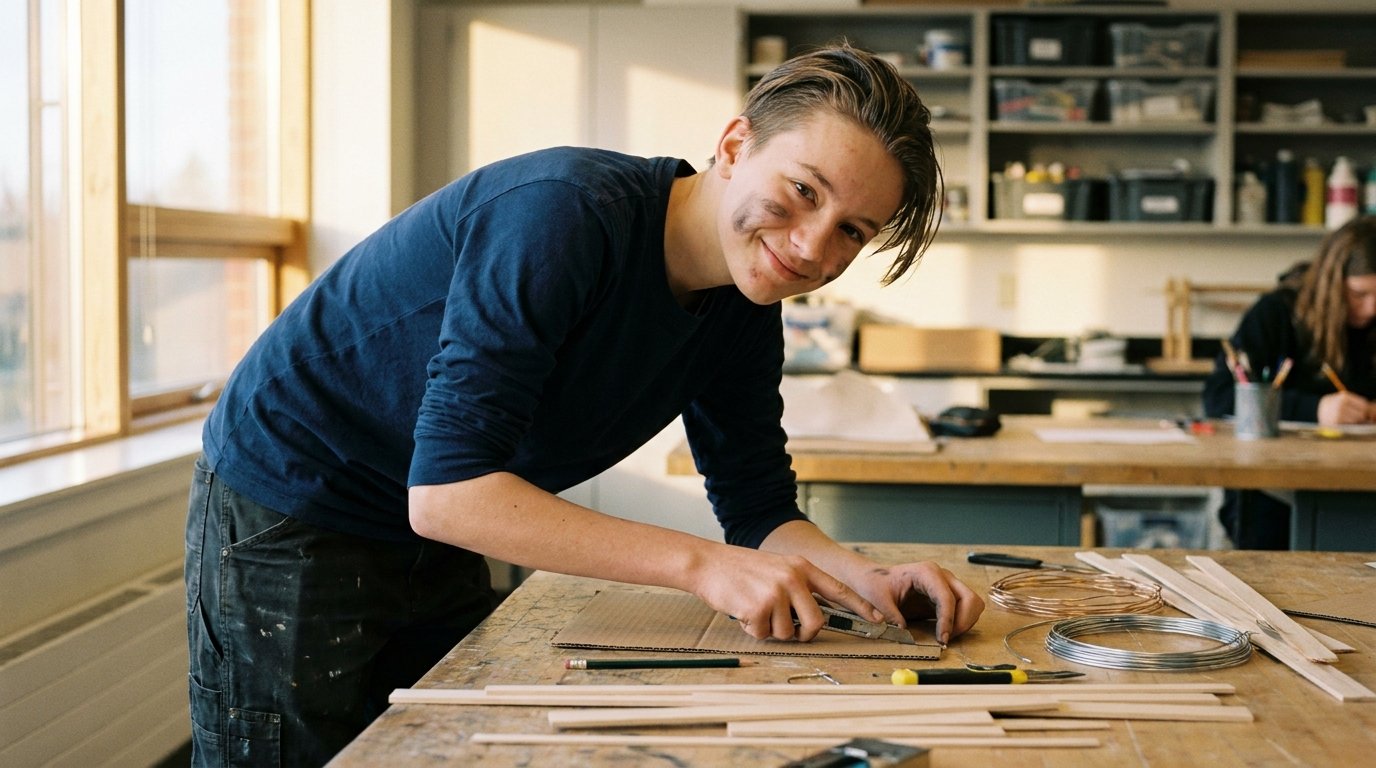 A teenage student leans over a studio worktable covered with project materials, looking directly at the camera with focused, self-assured energy.