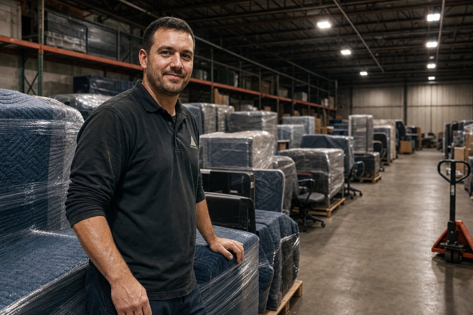 A uniformed crew member in a large organized warehouse stands among rows of wrapped office furniture on pallets, looking directly at the camera.