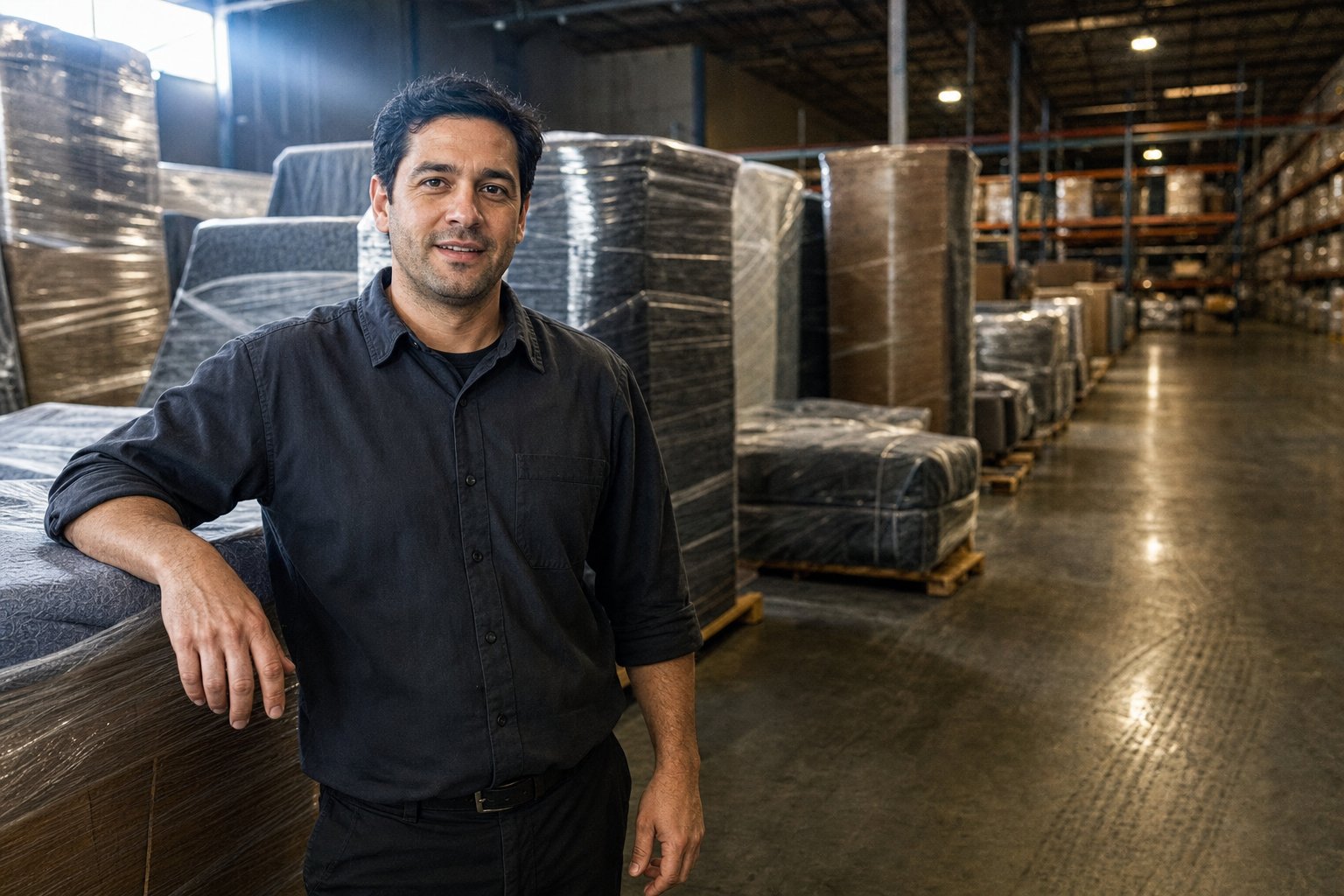 A moving crew member in a branded uniform stands in a large secured warehouse beside rows of wrapped and palletted furniture.