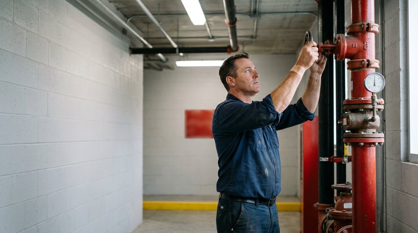 Fire protection technician in work shirt stands at a red steel sprinkler riser in a commercial mechanical room, hand resting on the pressure gauge.