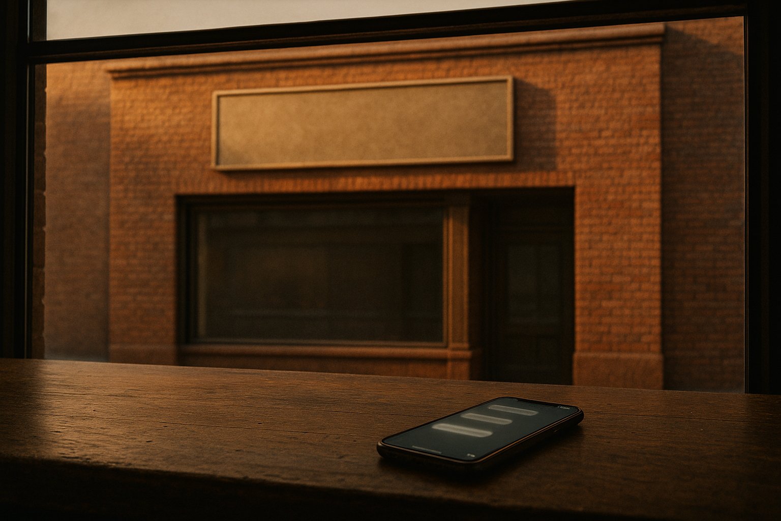 A business owner in business casual clothing stands inside an open storefront doorway, looking out at a quiet, empty street during business hours.