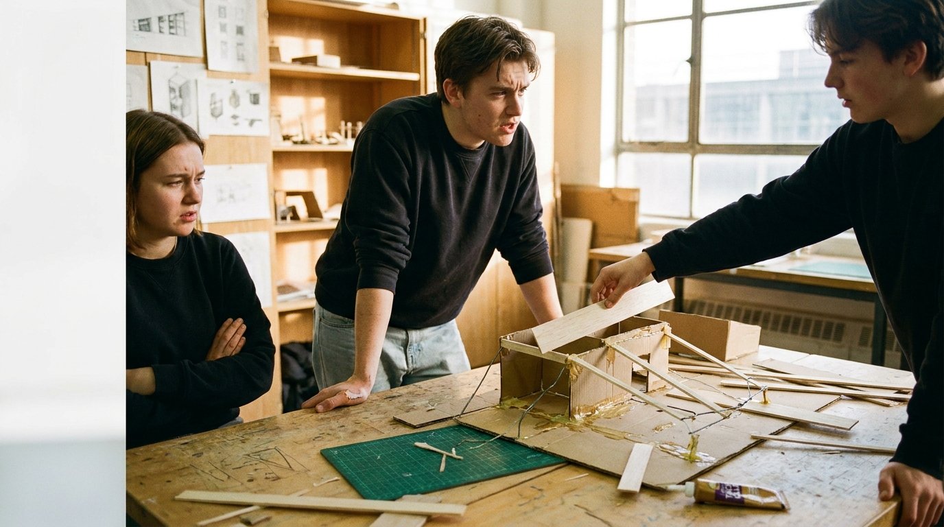Three middle-school-aged students lean over a partially disassembled prototype on a wood worktable, one directing the others with focused intensity.