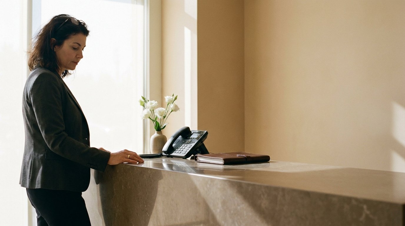 A woman in business casual attire stands at a neat med spa reception counter in soft morning light, a phone resting untouched in its cradle.