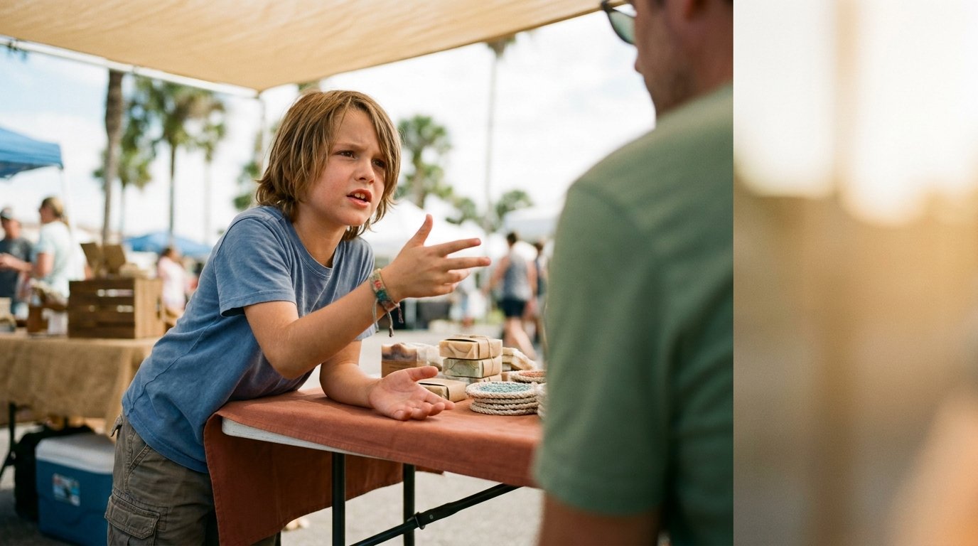 A young child stands behind an outdoor market table mid-pitch, gesturing toward a customer across the table at a community market event.