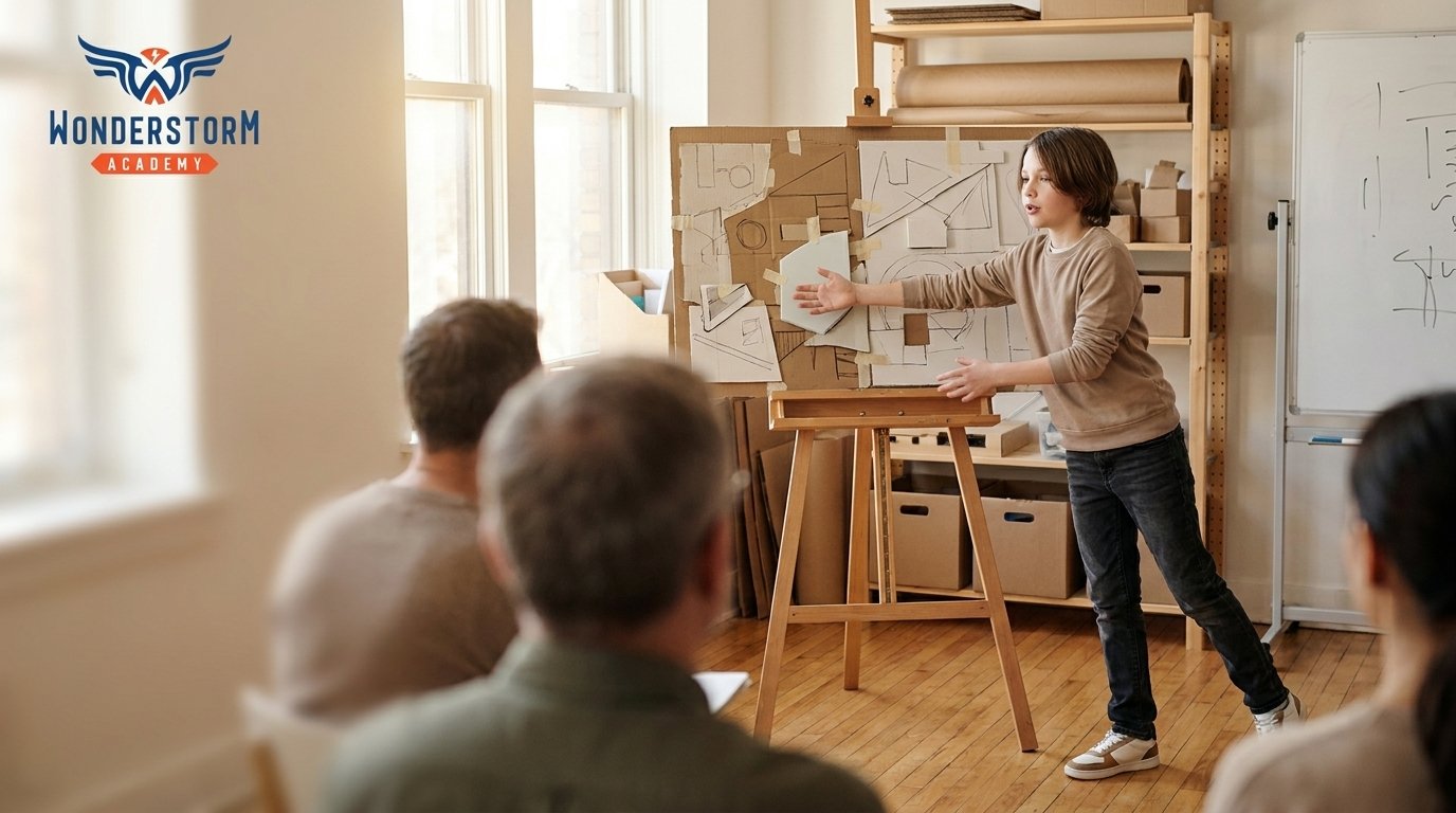 A young student stands confidently mid-pitch beside a hand-built project prototype, addressing a small group of seated adults in a bright campus space.
