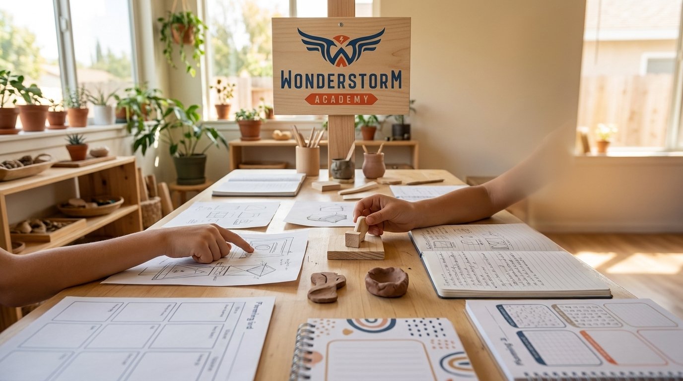 A teenager stands at a worktable in a sunlit studio classroom, gesturing toward a small cardboard prototype while peers look on.