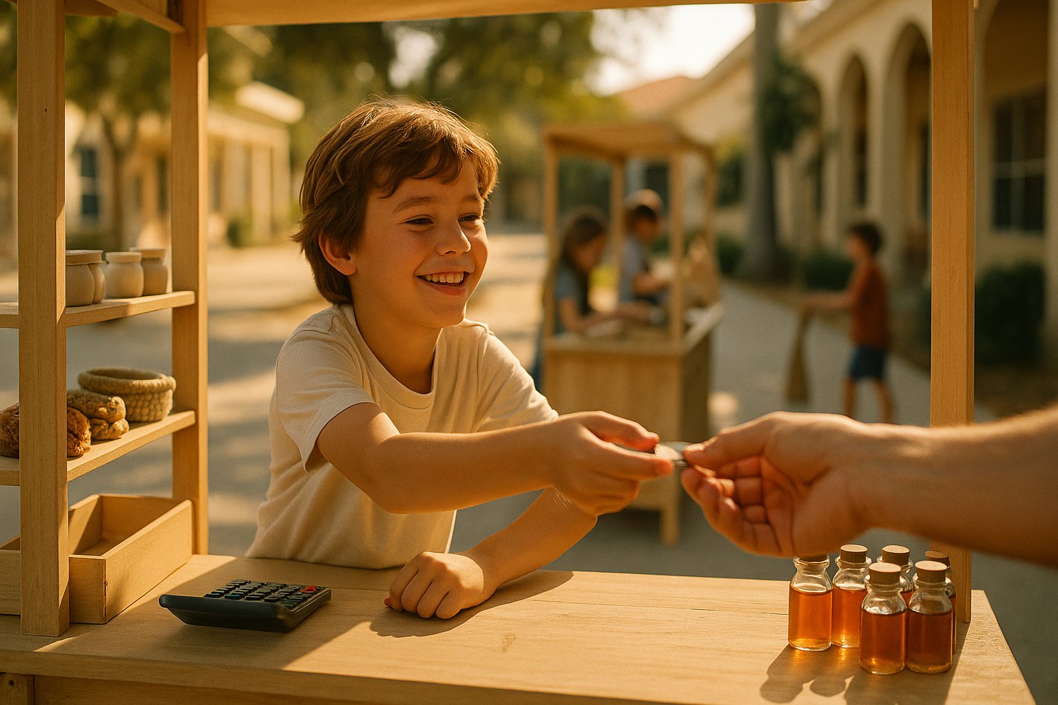 A middle-school student stands behind a product-covered market table outdoors, leaning forward in conversation with a customer at a school market event.