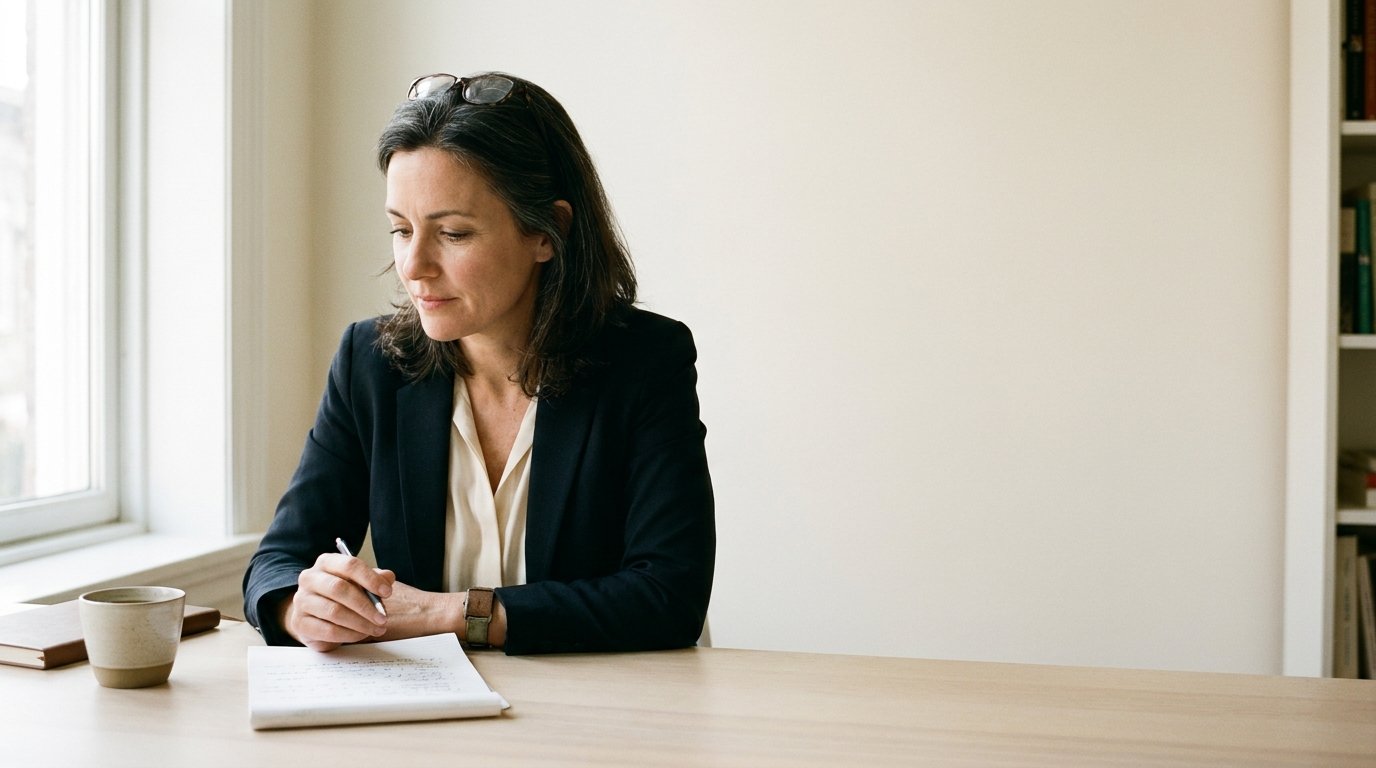 A woman in a blazer sits at a clean desk in a sunlit office, pen in hand, gazing down at an open notepad in focused thought.
