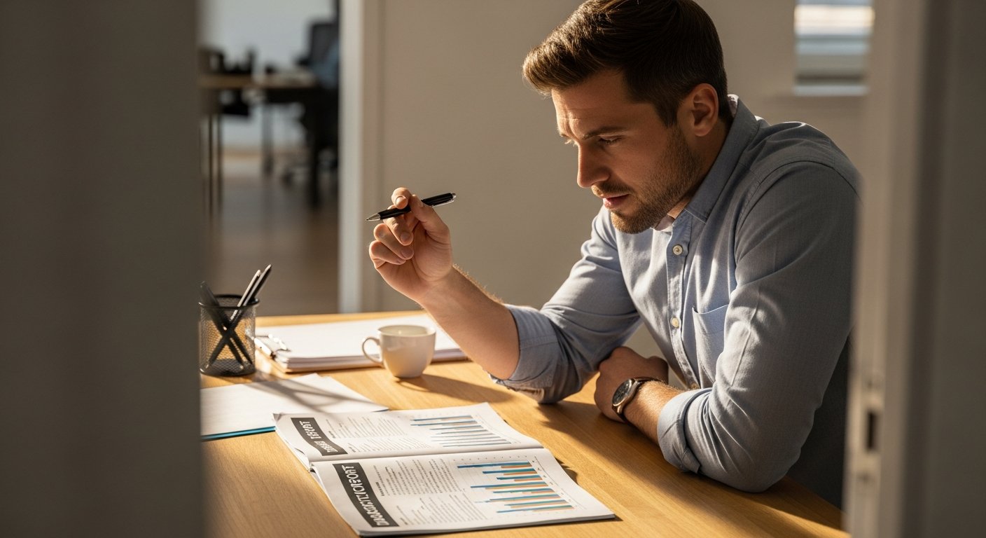 A business owner in business casual sits at a working desk, elbow resting on the surface, looking down at a silent phone.