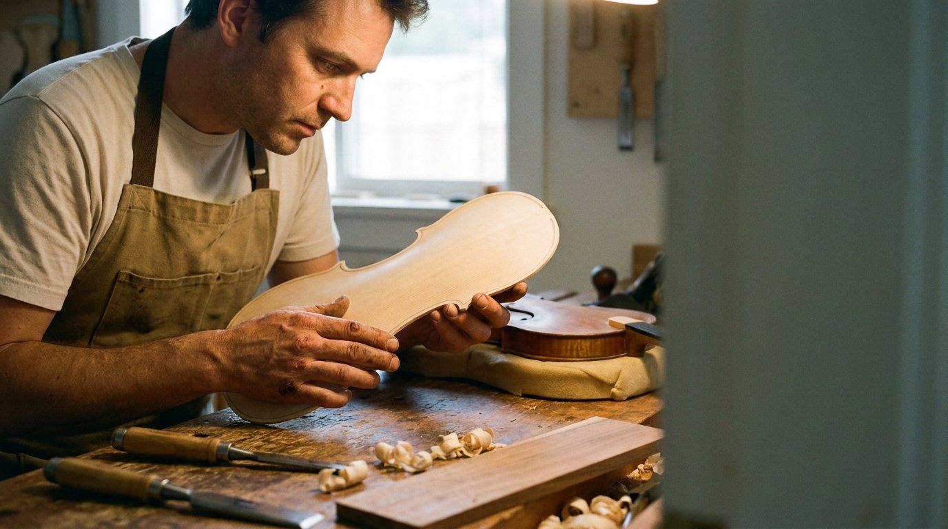 A luthier in a work apron examines the spruce top of a violin at a wooden workbench scattered with hand tools and wood shavings.
