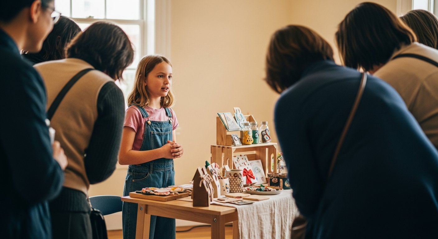 A girl of about ten stands behind a small table at an indoor school market, mid-presentation, one hand gesturing toward a small gathered audience.
