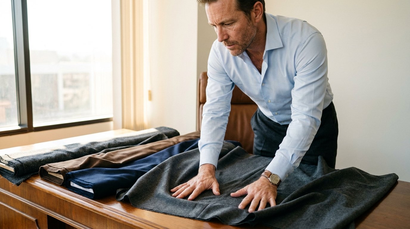 A man in a dress shirt presses both hands into a draped bolt of dark suiting fabric on a desk, other fabric bolts fanned beside it in natural office light.