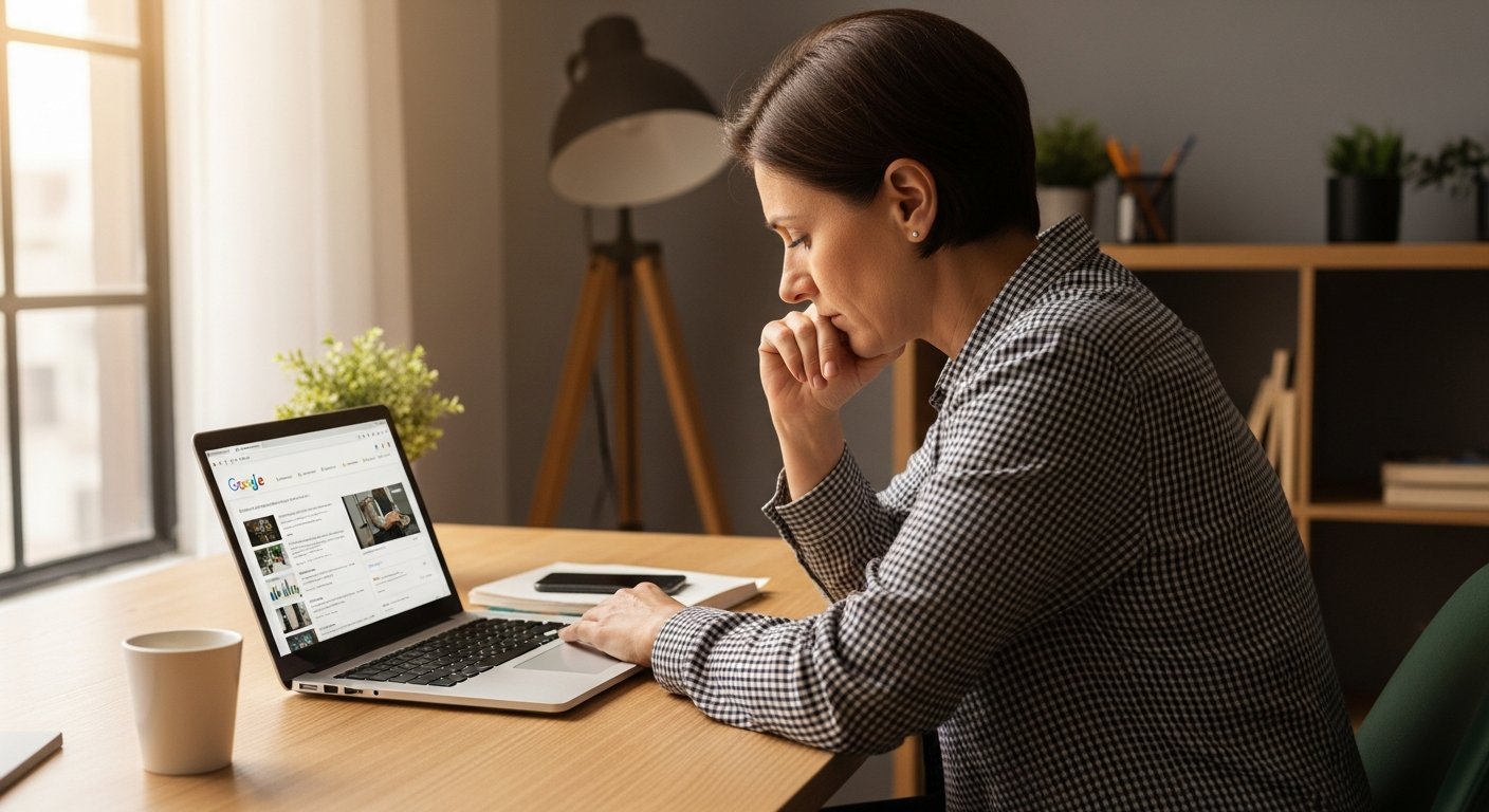 A woman in business casual attire stands behind a reception counter in a quiet professional office, looking down at a silent desk phone.
