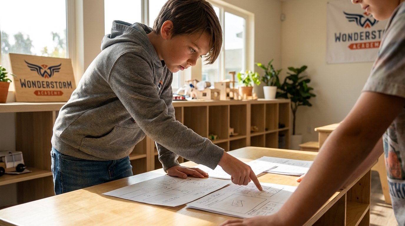 A middle-school student stands at a worktable gesturing toward a project while several peers lean in and listen in a bright studio classroom.
