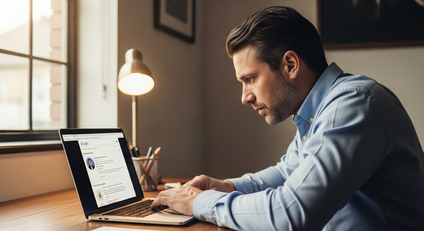 A business owner in smart business casual stands in a tidy client-facing interior, glancing across the room with quiet concern, phone at her side.
