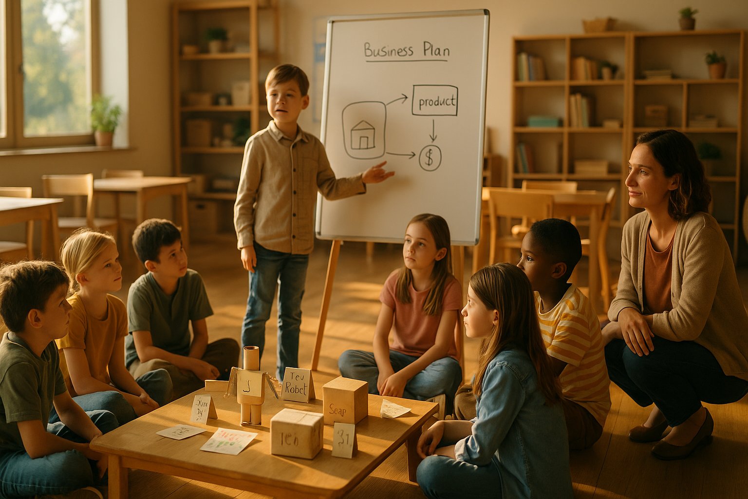 A school-age child stands confidently behind a small market table covered with handmade products, leaning forward mid-transaction at an outdoor school fair.
