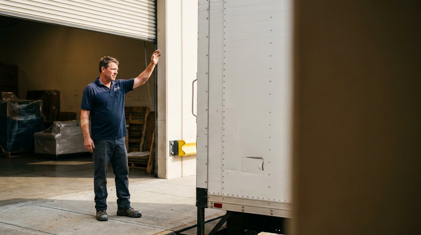 A moving crew member in branded workwear directs a large box truck backing into a warehouse loading dock in Winnipeg.