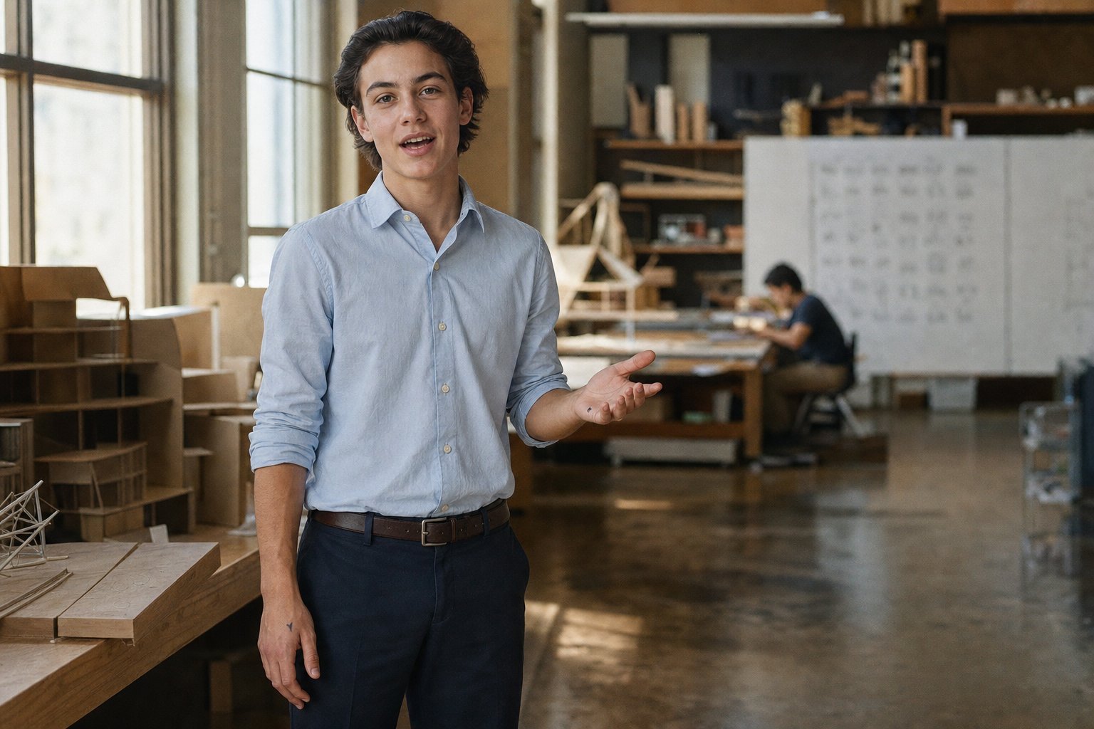 A teenage student stands in a warm school interior, looking directly at the camera mid-sentence, one hand open in an explaining gesture.