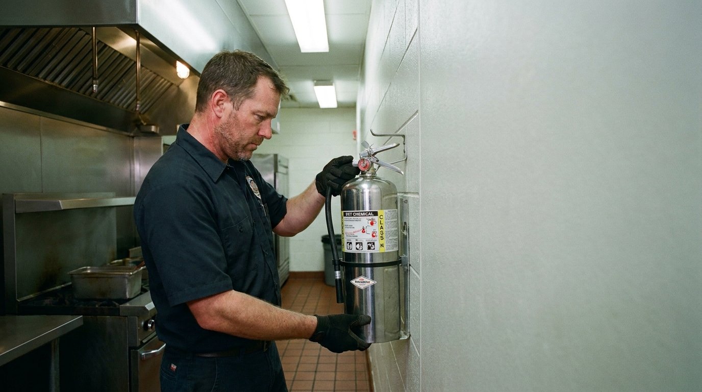 Fire protection technician in dark workwear stands beside a wall-mounted Class K extinguisher in a stainless-steel commercial kitchen, hand resting on the cylinder after completing an inspection.