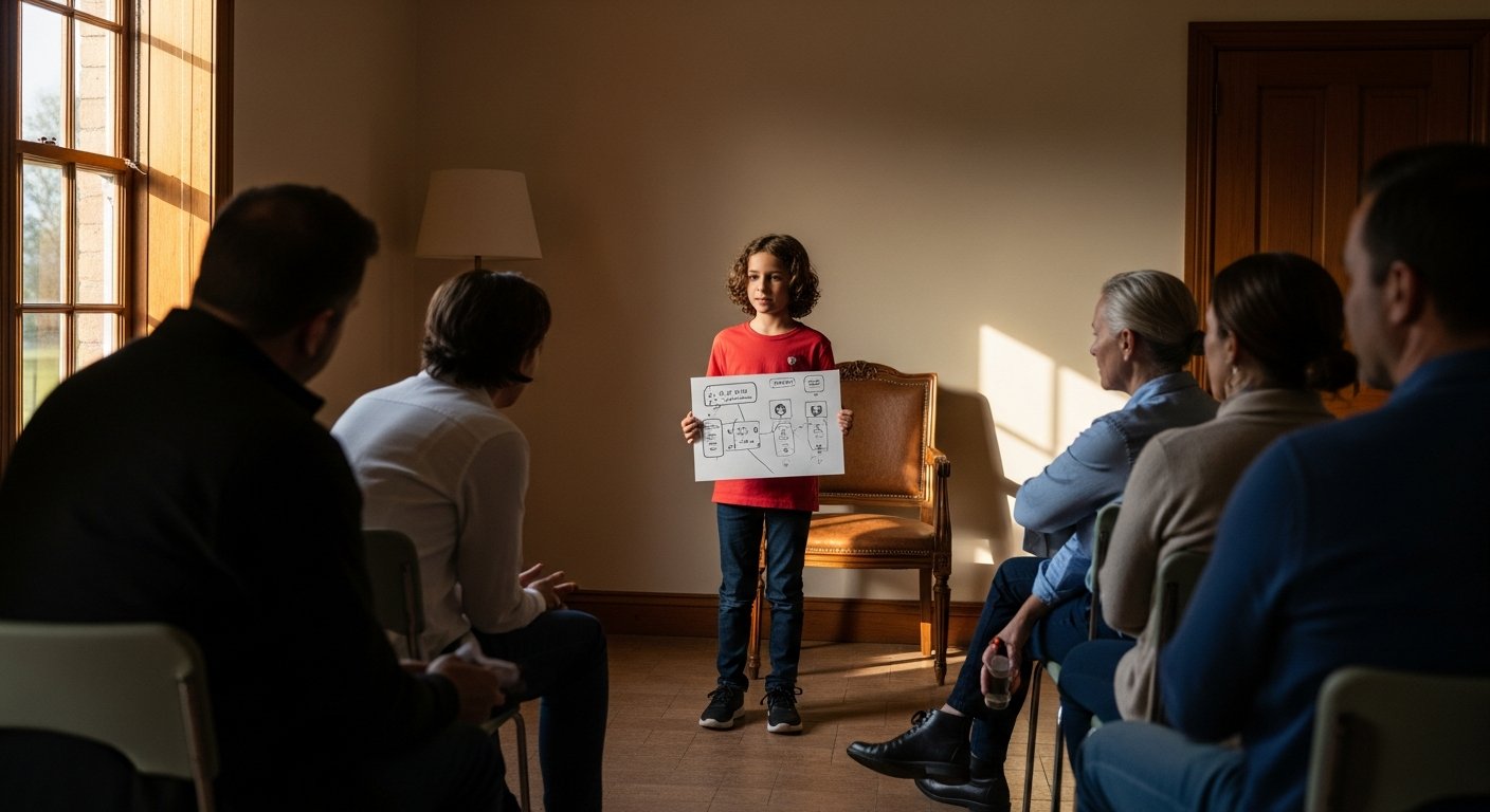 A girl of about twelve stands at the front of a bright room, hand resting on a small handmade product, addressing a seated group of adults.