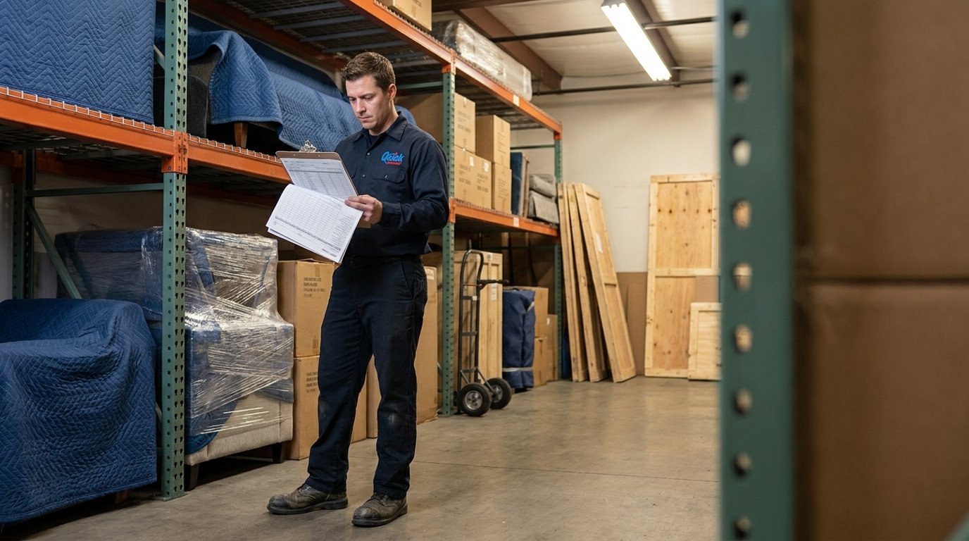 A warehouse worker in dark workwear carefully adjusts a moving-blanket-wrapped wooden sideboard on a dolly inside a large organized storage facility.