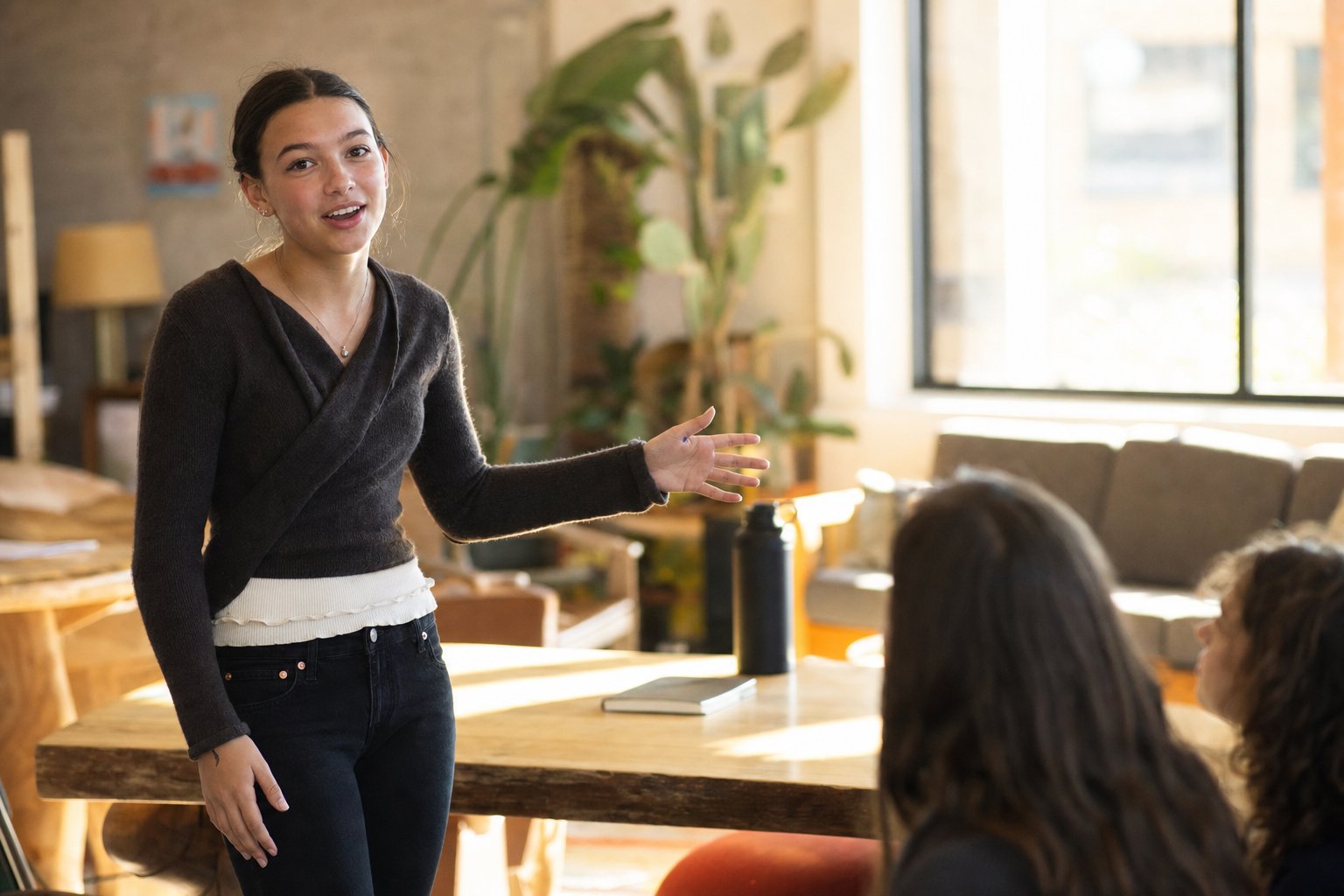 A teenage girl stands in a sunlit campus studio, mid-gesture and smiling, presenting confidently to a small group of peers.