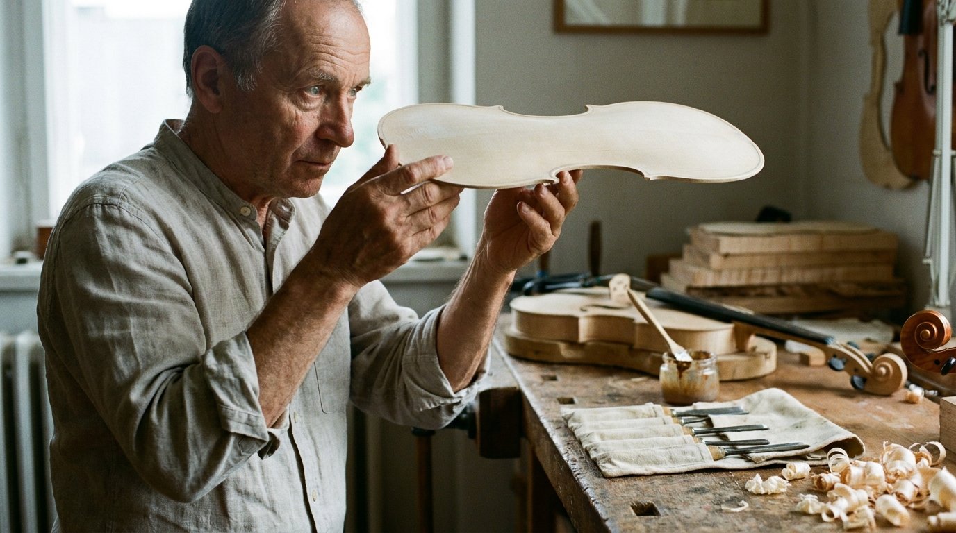 A luthier in a linen work shirt holds a spruce violin top plate at eye level in a workshop, examining its arching in raking daylight.