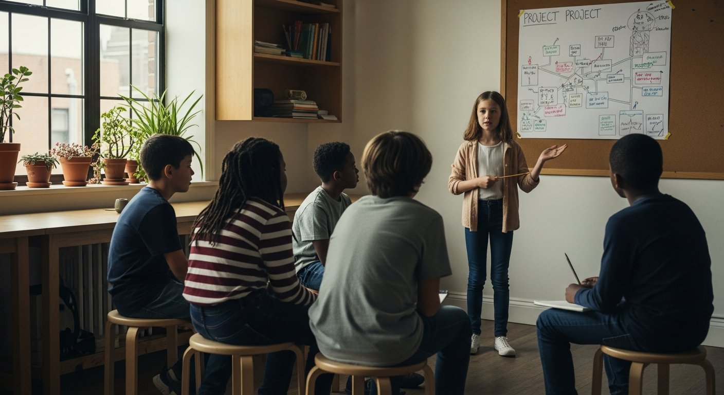 A teenage student stands mid-gesture at the front of a small seminar room, pitching to several seated peers who lean forward with engaged expressions.